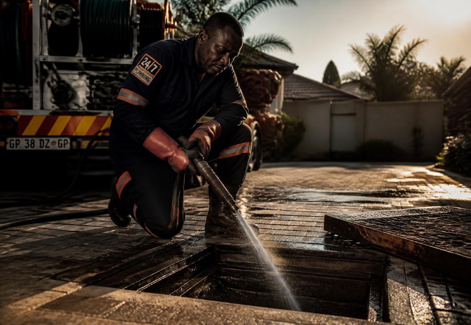 Mr Drain technician high-pressure jetting a blocked outdoor drain in Johannesburg